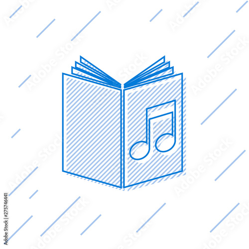 Blue line Audio book icon isolated on white background. Musical note with book. Audio guide sign. Online learning concept. Vector Illustration