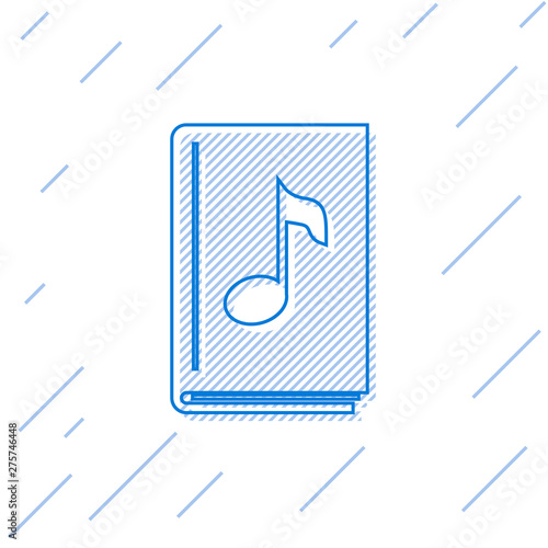 Blue line Audio book icon isolated on white background. Musical note with book. Audio guide sign. Online learning concept. Vector Illustration