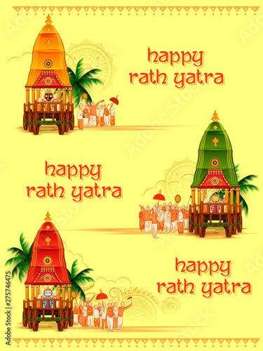 illustration of Lord Jagannath, Balabhadra and Subhadra on annual Rathayatra in Odisha festival background