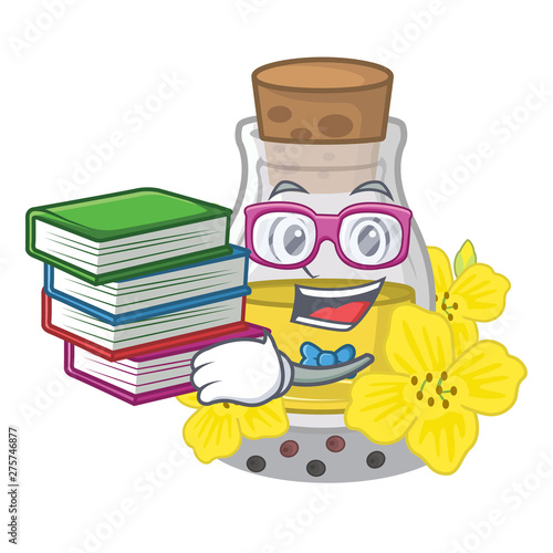 Student with book canola seed oil on a cartoon