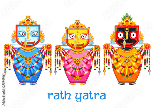 illustration of Lord Jagannath, Balabhadra and Subhadra on annual Rathayatra in Odisha festival background
