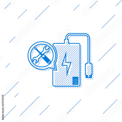 Blue line Power bank with screwdriver and wrench icon isolated on white background. Adjusting, service, setting, maintenance, repair, fixing. Vector Illustration