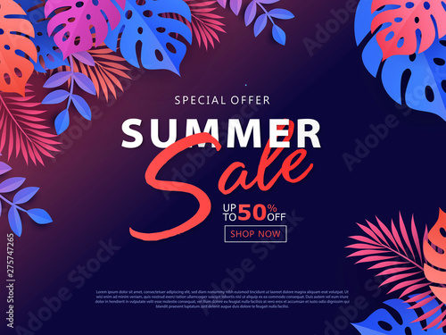 Summer Sale banner with exotic tropical leaf  plants and palm leaves on dark background. Graphic design for sale  discount  advertisement  web. Vibrant gradient colors