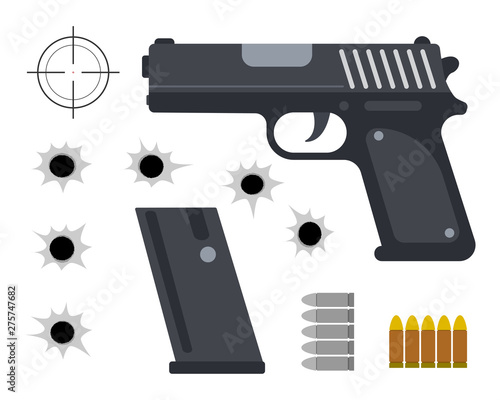Gun with bullet set and bullet holes on white background - Vector illustration 