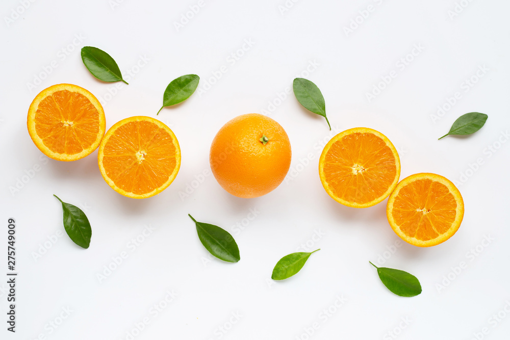 Fresh orange citrus fruit with leaves isolated on white background. Fresh orange citrus fruit with leaves isolated on white background.