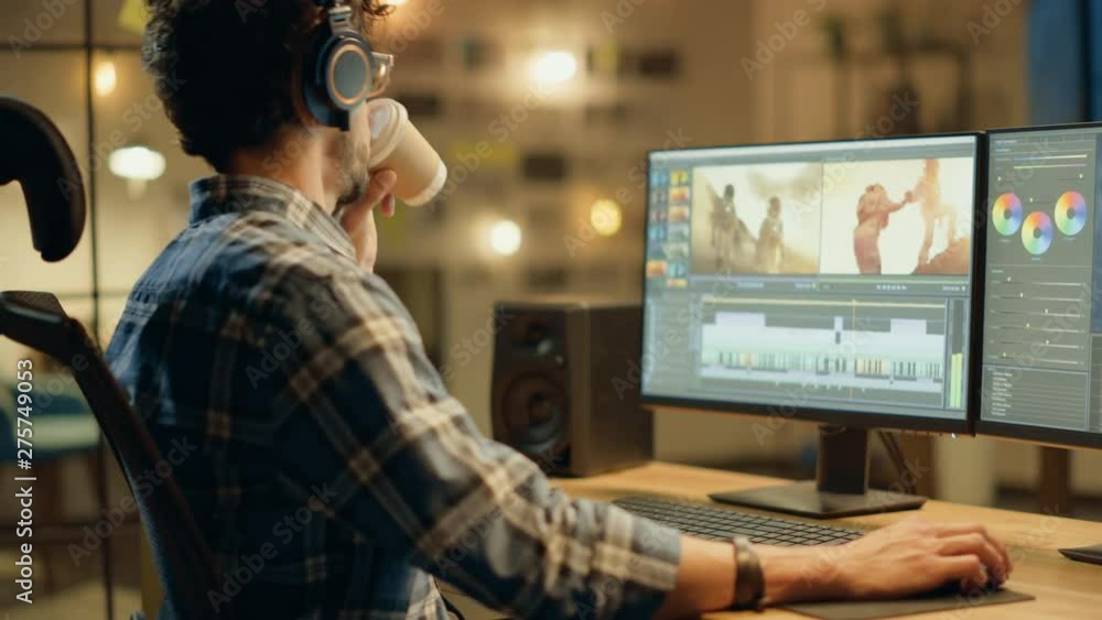 Evening in Creative Office: Professional Videographer / Audio Engineer Wearing Headphones Works on Desktop Computer, Screen Shows: Footage Montage, Using Video Editing Software, Syncing Audio Track Evening in Creative Office: Professional Videographer / Audio Engineer Wearing Headphones Works on Desktop Computer, Screen Shows: Footage Montage, Using Video Editing Software, Syncing Audio Track