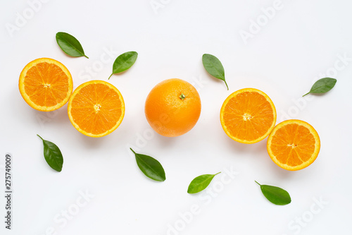 Fresh orange citrus fruit with leaves isolated on white background.