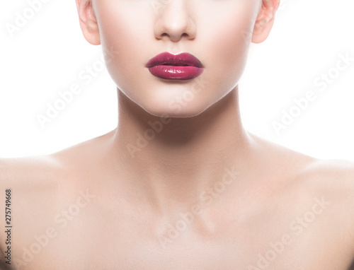 Red glossy lips, part of face of beauty fashon model woman face, healthy skin
