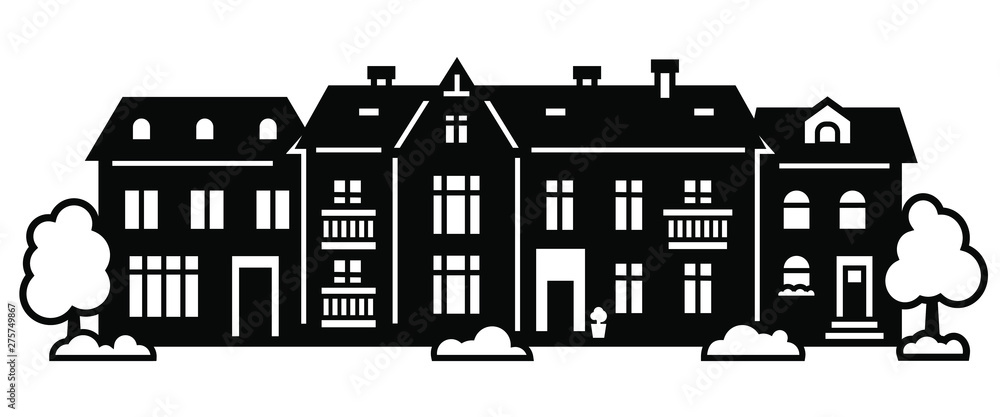 Laser cut of Amsterdam style houses. Silhouette of typical dutch canal view at Netherlands. Stylized facade of old building. Wood carving vector template. Background for banner, christmas vintage card