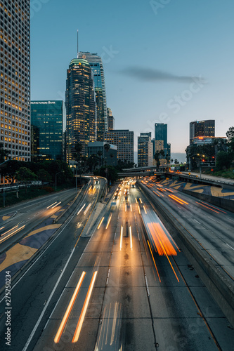 Long exposure of traffic on the 110 Freeway and the skyline in downtown Los Angeles, California