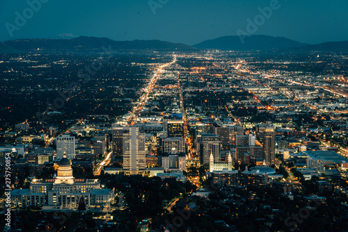 View of the downtown skyline at night, from Ensign Peak, in Salt Lake City, Utah