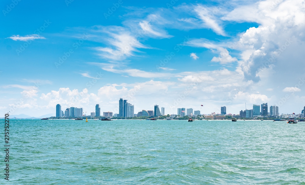 Pattaya city view on the sea and boat. Beautiful natural seascape at the summer time