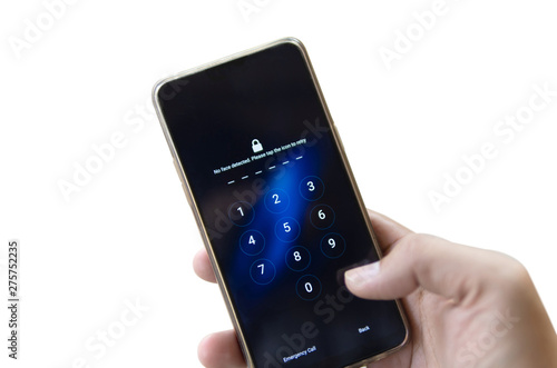 Wallpaper Mural Hand holding smartphone while entering the passcode isolated on white background Torontodigital.ca