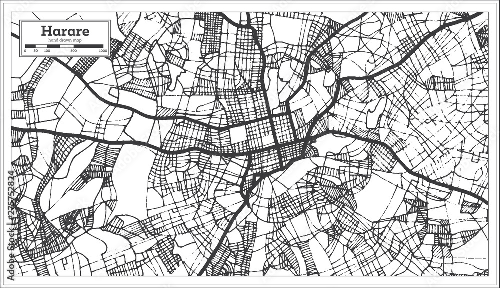 Harare Zimbabwe City Map iin Black and White Color. Outline Map.