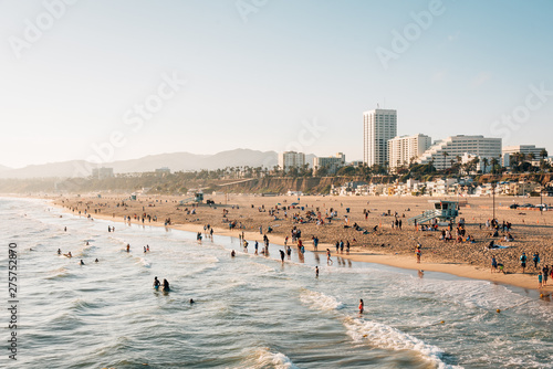 Evening view of the beach in Santa Monica, Los Angeles, California photo
