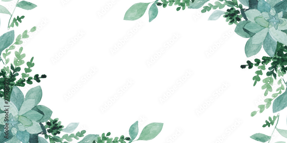 watercolor green leaves isolated on white. Sketched wreath, floral and herbs garland. Handdrawn watercolour illustration