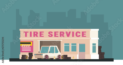 Tire wheel service shop garage with car flat vector illustration