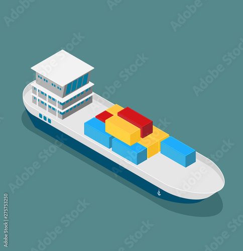 Cargo ship in sea vector illustration, flat style