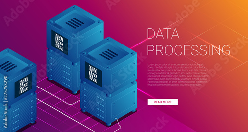 Concept of big data processing, energy station of future, server room rack, data center isometric vector illustration