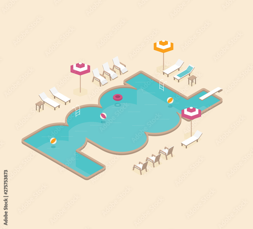 Naklejka premium Vector creative concept design on isometric swimming pool with chaise lounges, parasol umbrellas and other