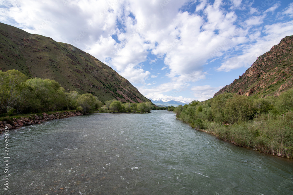 Obraz premium River flowing between green hills with snow-capped mountain peaks on the horizon against a cloudy sky
