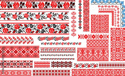 Set of 30 editable colorful seamless ethnic patterns for embroidery stitch. Floral and geometric ornaments.