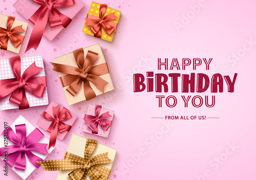 Happy birthday gift boxes background. Birthday greeting card with colorful boxes of gifts and ribbons for party and celebration in pink background. Vector illustration.