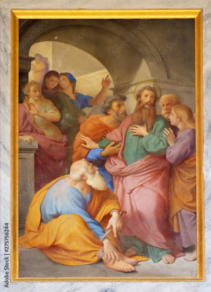 The fresco with the image of the life of St. Paul: Paul is Warned about the Jerusalem Mob, basilica of Saint Paul Outside the Walls, Rome, Italy 