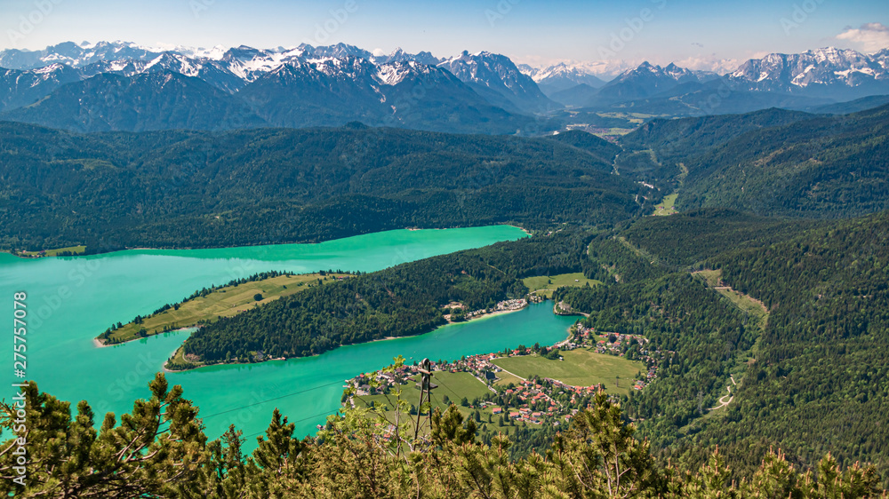 Beautiful alpine view of the famous Walchensee with emerald-green water, Bavaria, Germany at the Herzogstand summit