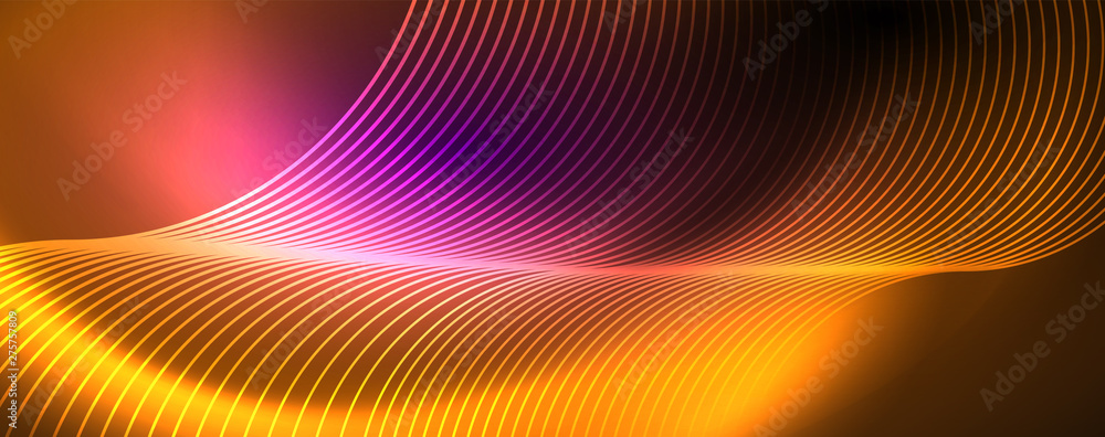 Shiny neon lights, dark abstract background with blurred magic neon light curved lines Shiny neon lights, dark abstract background with blurred magic neon light curved lines