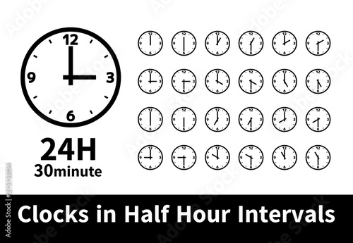 シンプル 時計 24時間 30分刻み 30分毎 １２時３時６時９時 黒