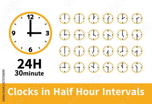 シンプル 時計 24時間 30分刻み 30分毎 １２時３時６時９時 黄色