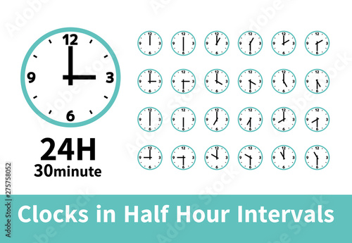 シンプル 時計 24時間 30分刻み 30分毎 １２時３時６時９時  緑