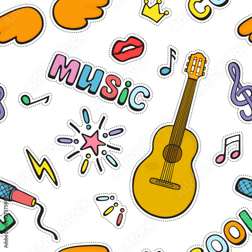 Cartoon music signs and symbols. Seamless color vector pattern.