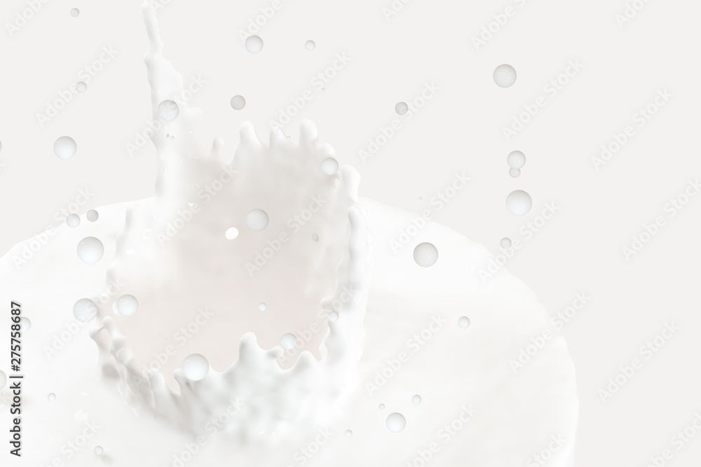 Purity splashing milk with crown shapes, 3d rendering.