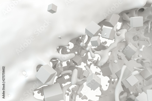 Fototapeta Naklejka Na Ścianę i Meble -  Purity splashing milk with flying cubes, 3d rendering.