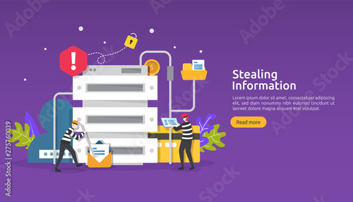 internet security concept with people character. password phishing attack. stealing personal information data web landing page, banner, presentation, social, print media template. Vector illustration