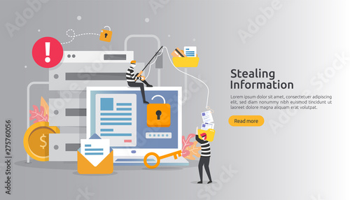 internet security concept with people character. password phishing attack. stealing personal information data web landing page, banner, presentation, social, print media template. Vector illustration