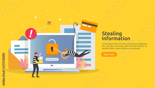 internet security concept with people character. password phishing attack. stealing personal information data web landing page, banner, presentation, social, print media template. Vector illustration
