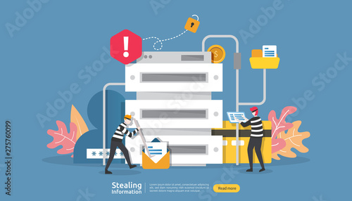 internet security concept with people character. password phishing attack. stealing personal information data web landing page, banner, presentation, social, print media template. Vector illustration