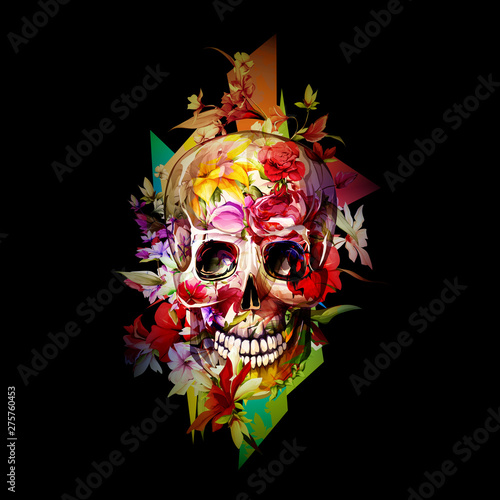 Vintage illustration of skull with flowers on black. Hand drawn, vector - stock.