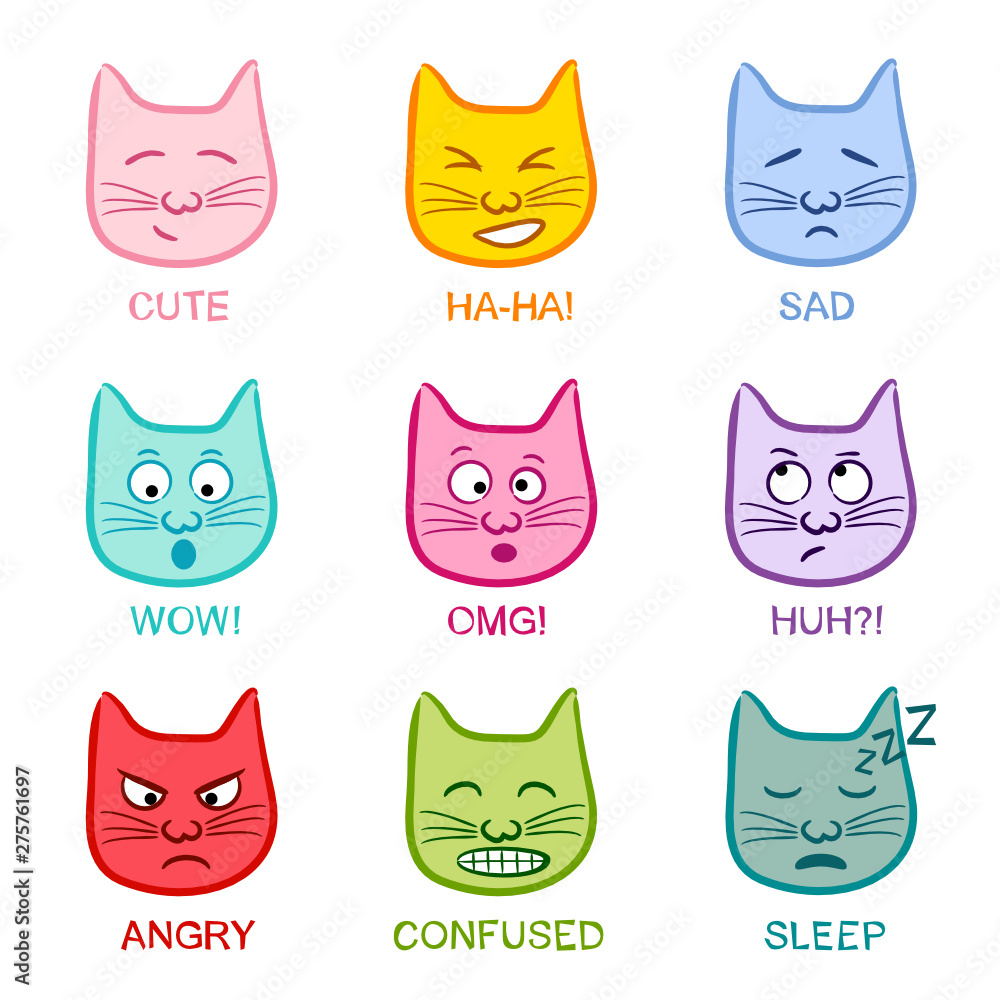 Cat emoji. Funny hand drawn cats. Animals vector illustration. Doodle cat. Cat emoji. Funny hand drawn cats. Animals vector illustration. Doodle cat.
