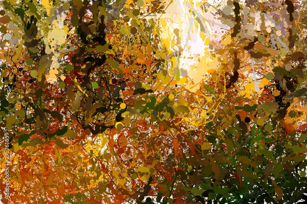 Drip abstract painting. Modern style of painting. Style of drip painting. Golden forest.