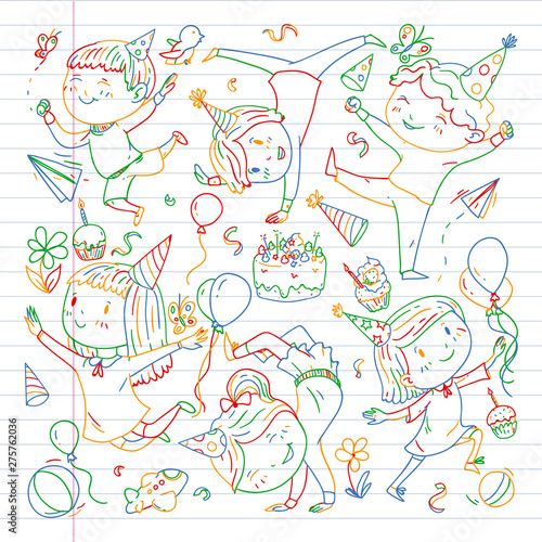 Vector illustration in cartoon style, active company of playful preschool kids jumping, at a party, birthday. colorful draving squared notebook. Drawing on exercise book.