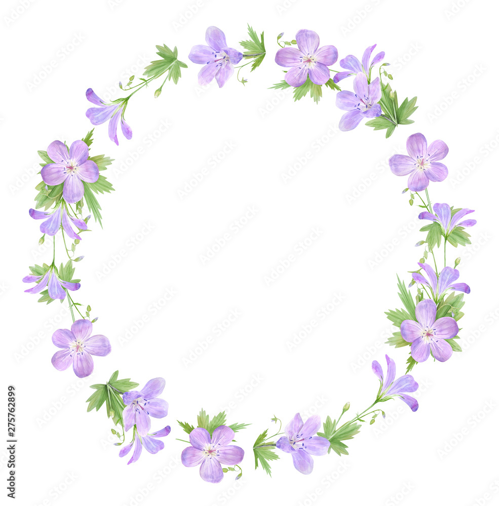 Watercolor wreath of lilac geranium flowers isolated on white background. Perfect for web design, cosmetics design, package, textile