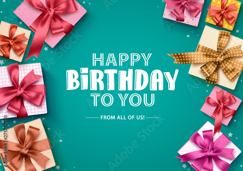 Happy birthday gift boxes vector background. Birthday greeting card with colorful gift boxes, ribbons and greeting text in empty space for party and celebration. Vector illustration.