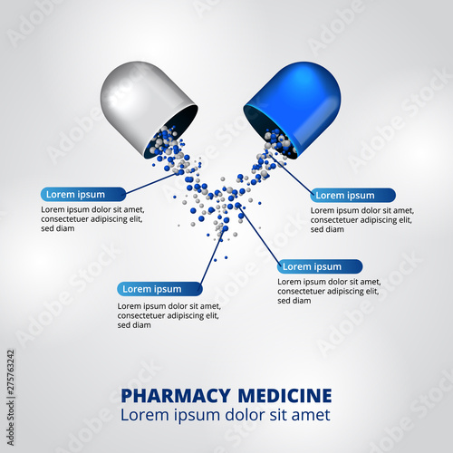 illustration of 3D capsule pill medicine pharmacy infographic data visualization healthcare nutrition ingredients