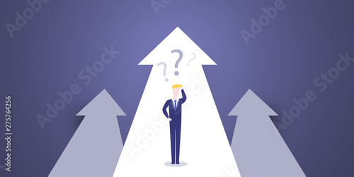     Choice, Way, Direction Design Concept - Decisions, Businessman Choosing, Deciding the Next Step - Man Standing in Front of an Arrow, Vector Illustration
