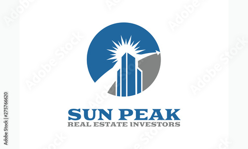 Sun over Cityscape Skyscrapers Business city Logo design vector template. Real Estate Architecture Construction Logotype concept icon.