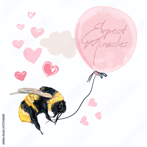 Fashion conceptual illustration with bumblebee holding pink balloon, expect m...